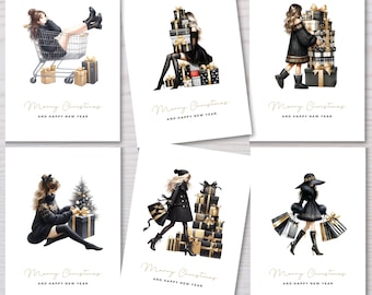 Chic Christmas Shopping Girl Card Set, Stylish Holiday Greeting Cards, 6 Stylish Holiday Cards, Stylish Christmas Cards, Chic Holiday Cards