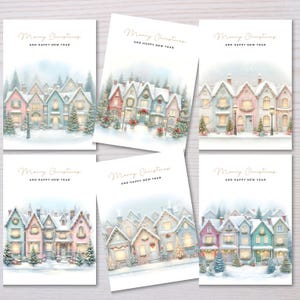 Set of 6 Merry Christmas Greeting Cards, Snowy Christmas Village Greeting Card Set, Holiday Village Scene Card, Winter Holiday Greeting Card