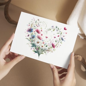 Floral Notecard Set, Heart Greeting Cards, Romantic Wildflower Note Card, Love Anniversary Card, Wedding Thank You Card, Valentines Day Card