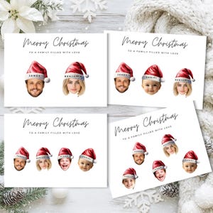 Custom Family Christmas Card with Santa Hats, Personalized Holiday Photo Card, Unique Family Faces Greeting Card, Santa Hat Holidays Cards