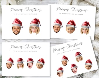 Custom Family Christmas Card with Santa Hats, Personalized Holiday Photo Card, Unique Family Faces Greeting Card, Santa Hat Holidays Cards