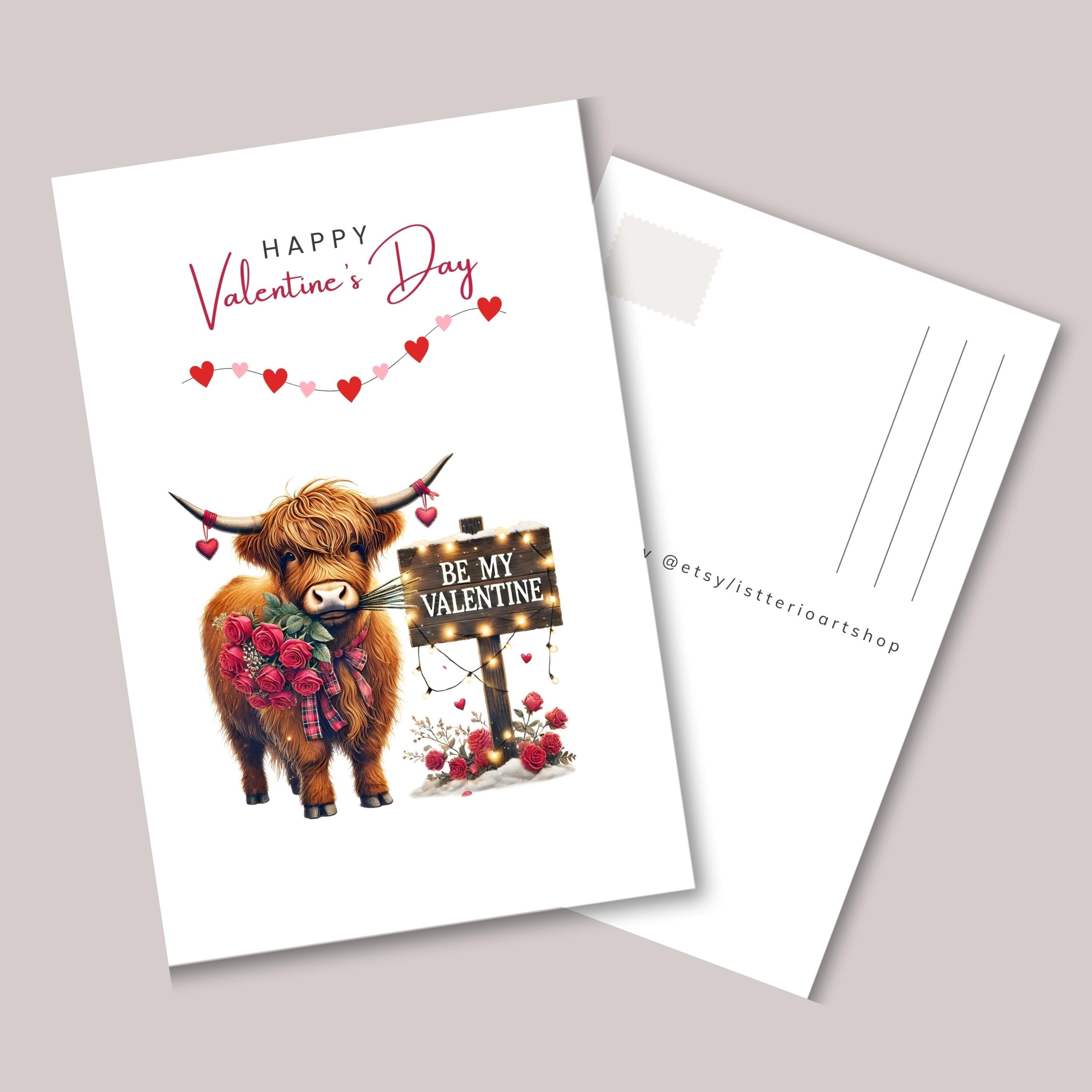 Valentine’s Day Cow Postcards Set, Cute Highland Cow Valentines Cards ...