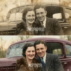 May include: A split image showing a restored vintage photograph. The top half is a faded black and white photo with the text "BEFORE". The bottom half is a colorized version of the same photo with the text "AFTER". The photo features a smiling couple in front of a vintage car.