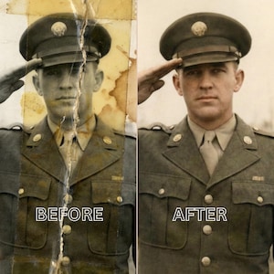 May include: A side-by-side comparison of a restored vintage photograph. The left side shows a damaged, faded image of a person in a military uniform saluting. The right side displays the restored, colorized version of the same image. Text reads "BEFORE" and "AFTER".