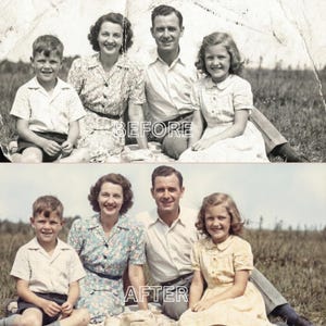 May include: A before-and-after image of a family portrait. The top image is a faded black and white photo labeled "BEFORE." The bottom image, labeled "AFTER," is a color-corrected version of the same family, with the same people smiling.