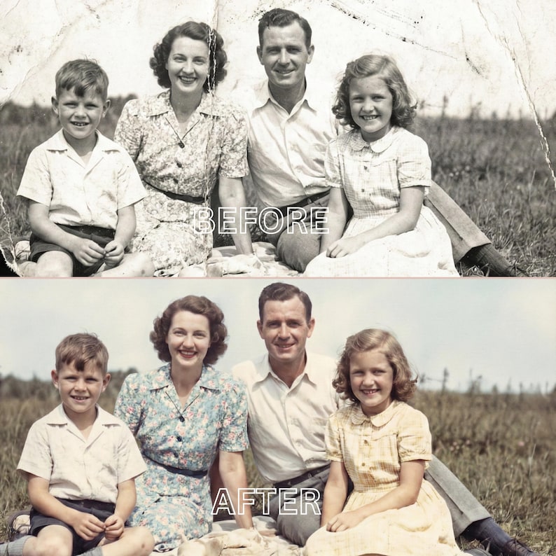 May include: A before-and-after image of a family portrait. The top image is a faded black and white photo labeled "BEFORE." The bottom image, labeled "AFTER," is a color-corrected version of the same family, with the same people smiling.