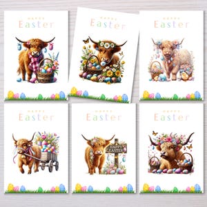 May include: Six greeting cards featuring a Highland cow with a floral crown and Easter eggs. The cards have a white background with a green border and the text "Happy Easter" in a colorful font.