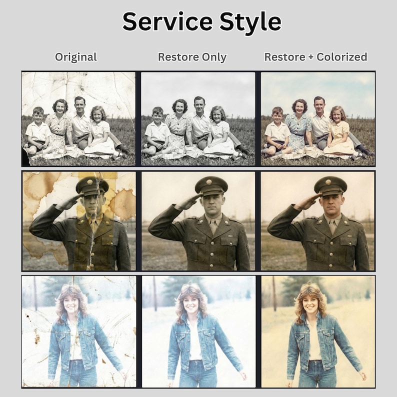 May include: Image showcasing photo restoration services. The image is divided into three columns, each displaying an "Original" photo, a "Restore Only" version, and a "Restore + Colorized" version. The photos include a family portrait, a soldier saluting, and a woman in a denim jacket.
