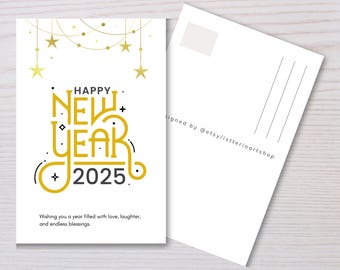 Happy New Year 2025 Postcard with Gold Stars, Minimalist Greeting Card for Loved Ones, Minimalist New Year Celebration Postcard for Family