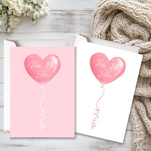 Personalized Pink Heart Balloon Birthday Card, Custom Name & Age