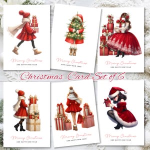 May include: Set of six Christmas cards featuring illustrations of figures in red winter attire with gifts and a Christmas tree. Each card has the text "Merry Christmas and Happy New Year" in a script font. The words "Christmas Card Set of 6" are also visible.