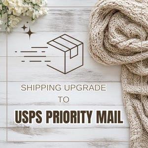May include: A graphic illustration of a cardboard box with motion lines and two stars, accompanied by the text SHIPPING UPGRADE TO USPS PRIORITY MAIL. The design is set against a background featuring a beige knitted textile and white flowers.