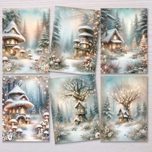 Set of 6 Winter Wonderland Fairy Tale Christmas Cards, Fairy Tale Whimsical Holiday Greeting Cards, Magical Winter Cottage Design Cards
