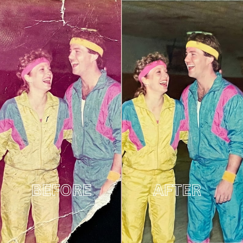 May include: A before-and-after image of a restored vintage photograph. The photo features two people wearing matching tracksuits in teal, yellow, and pink. The text "BEFORE" and "AFTER" are visible on the image. The people are smiling and wearing headbands and wristbands.
