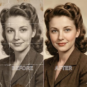 May include: Side-by-side comparison of a vintage portrait before and after restoration. The "BEFORE" image is a sepia-toned, damaged photo. The "AFTER" image is a colorized, restored version of the same woman, with a brown suit and styled hair.