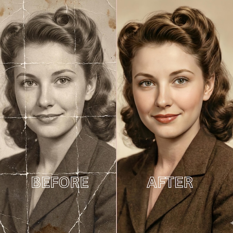 May include: Side-by-side comparison of a vintage portrait before and after restoration. The "BEFORE" image is a sepia-toned, damaged photo. The "AFTER" image is a colorized, restored version of the same woman, with a brown suit and styled hair.