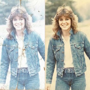 May include: A side-by-side comparison of a restored photograph. The "BEFORE" image shows a faded, damaged photo of a person in a denim jacket and jeans. The "AFTER" image is a restored version of the same photo, with improved color and clarity.