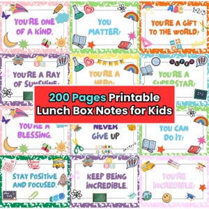 Notes de boîte à lunch imprimables de 200 pages pour enfants | Notes d'école motivantes | Carte d'affirmation positive | Notes pour le déjeuner scolaire | Téléchargement instantané