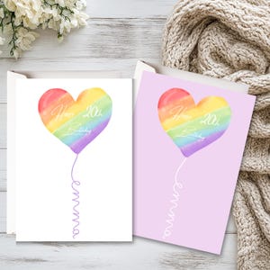 Personalized Rainbow Heart Birthday Card, Handmade Watercolor Balloon