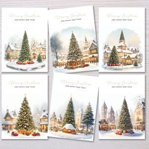 Set of 6 Village Christmas Tree Cards, Festive Holiday Greeting Cards, Elegant Holiday Greeting Card, Snowy Christmas Town Scenes Cards