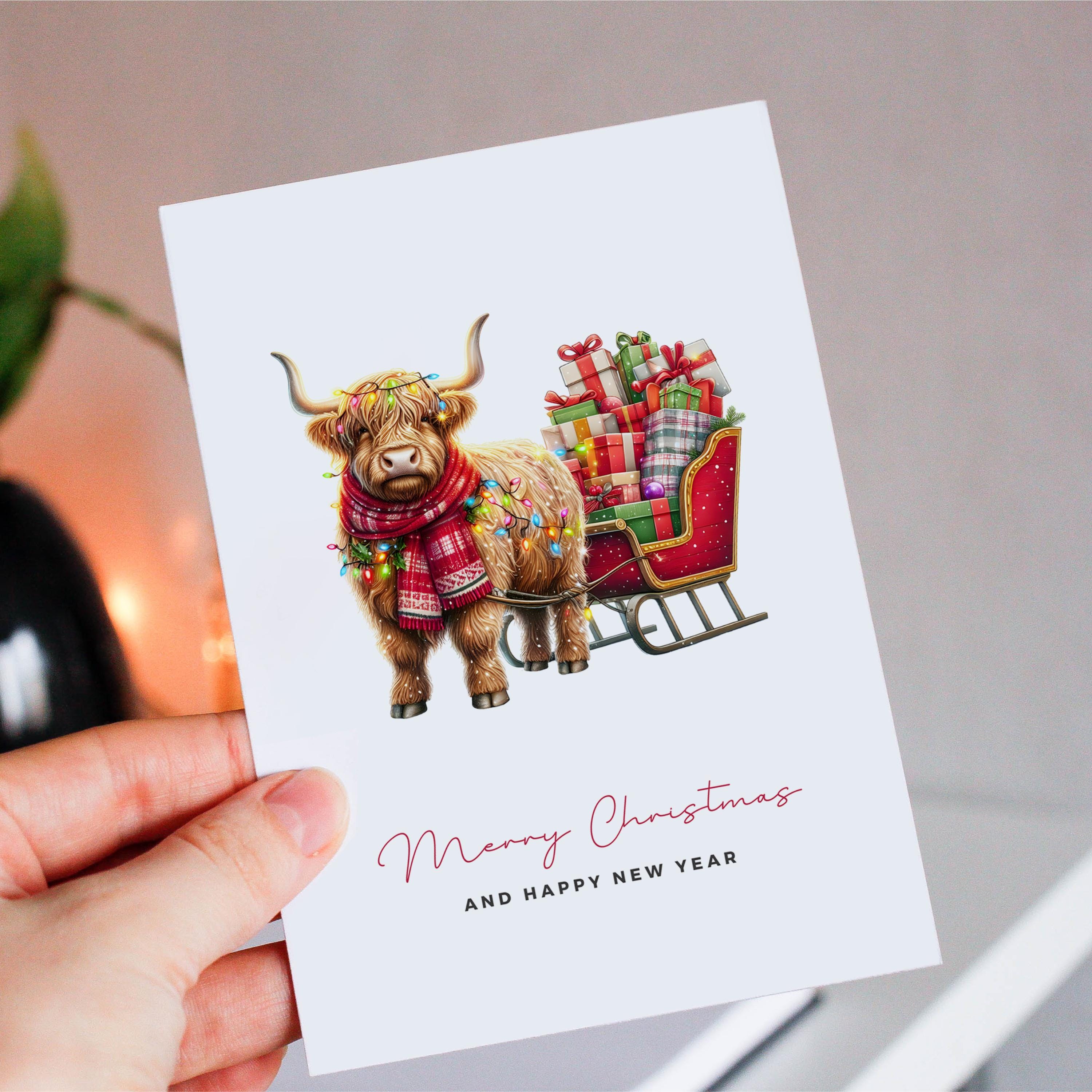 Festive Highland Cow Christmas Card A Charming Scottish Cattle Design For Holiday Cheer Stock