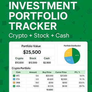 May include: A green background with the words "INVESTMENT PORTFOLIO TRACKER" in white. The text "Crypto + Stock + Cash" is below. A table shows portfolio value, distribution, and crypto portfolio details.