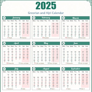 2025 Gregorian & Hijri Calendar | Dual Calendar, Sunday Start | Printable A4