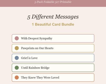 Pet Sympathy Card 5 Pack Printable PDF, Foldable 5x7 Bereavement Cards Bundle, Pet Loss Gift for Friend, Dog Cat Memorial