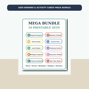 May include: A digital print bundle of kids' reward and activity cards. The bundle includes 10 printable sets with categories like reward coupons, chore cards, and birthday coupons. The cards are designed for home, school, birthdays, holidays, and routines.