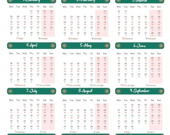 May include: A 2026 Gregorian and Hijri calendar featuring twelve monthly grids arranged in a vertical layout. Each month is labeled with a dark green header and displays both Gregorian dates in black and Hijri dates in smaller red font below.