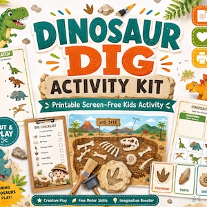 Pode incluir: Um kit de atividades com tema de dinossauros com o texto "Dinosaur Dig Activity Kit". O kit inclui vários jogos educativos, como um jogo de fósseis, um jogo de classificação de dinossauros e uma lista de verificação de escavação. Projetado para crianças.