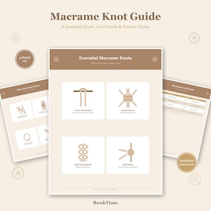 May include: A four-page Macrame Knot Guide featuring illustrations of essential knots like the Lark's Head, Square Knot, Half Knot Spiral, and Half Hitch. The document includes a cord guide and pattern terms, presented in a beige and brown color scheme.