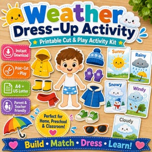Peut inclure: Kit imprimable 'Weather Dress-Up Activity' avec une poupée et des vêtements sur le thème de la météo. Comprend un imperméable jaune, une veste bleue et des accessoires. Cartes météo avec conditions ensoleillées, pluvieuses, neigeuses, venteuses et nuageuses.