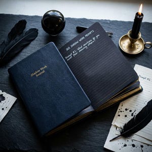 May include: A dark blue journal with the words Shadow Work Journal embossed in gold on the cover. An open page displays the text 365 SHADOW WORK PROMPTS and Prompt #1: What emotions do you most fear showing others? The journal has black pages with gold edges.