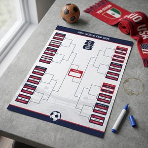 May include: A FIFA World Cup 2026 tournament bracket poster with a white background, dark blue borders, and red accents. The chart features a central final box, a soccer ball graphic, and a small brown leather soccer ball and blue marker.