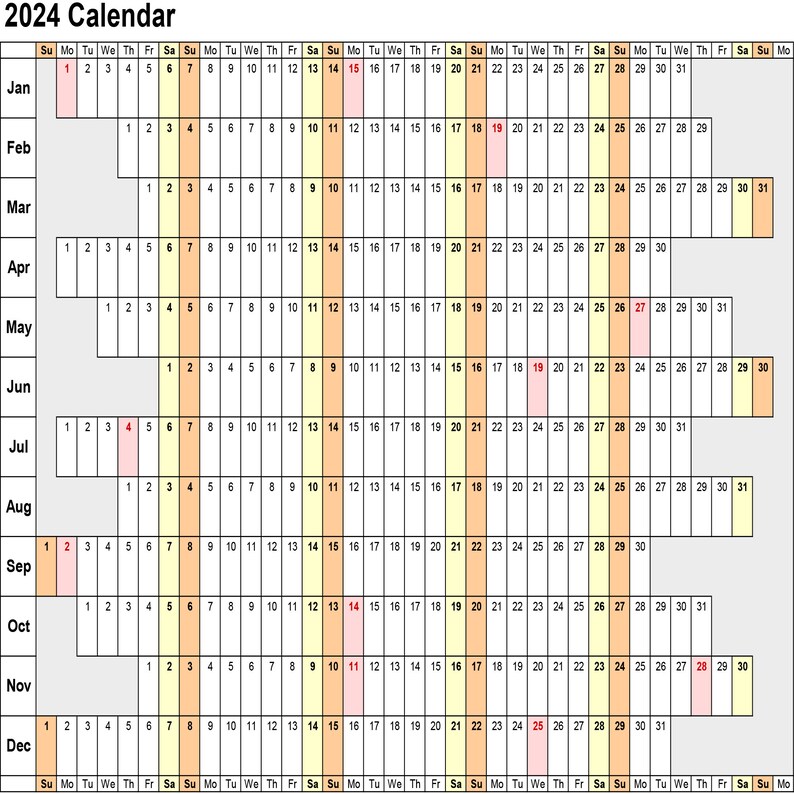 2024 Calendar Lanscape 2 Pages Printable Linear Excel Etsy