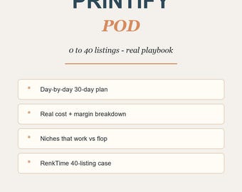 Printify POD Roadmap 30 Day Plan Printable, Etsy Print on Demand Beginner Guide PDF, Real Margin Math, 40 Listing Case