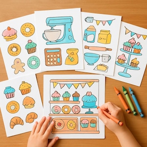 May include: Five white sheets of paper featuring hand-drawn illustrations of baking equipment, cupcakes, donuts, and pastries. The drawings include a stand mixer, calculator, rolling pin, and tiered cupcake stands. Three crayons lie nearby.