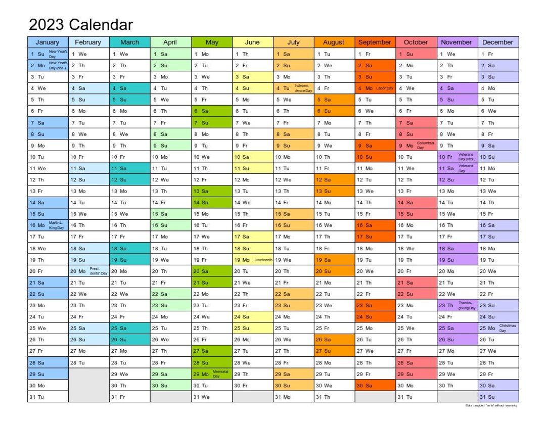 2023 Calendar Lanscape One Page Printable Color Excel - Etsy Sweden