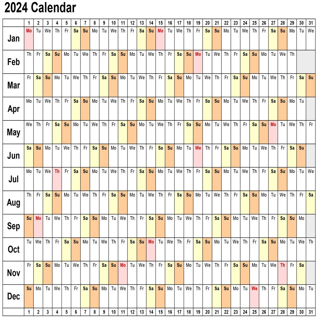 Calendário 2024 Excel 2024 Calendar Lanscape 2 Pages Printable Linear Excel - Etsy UK