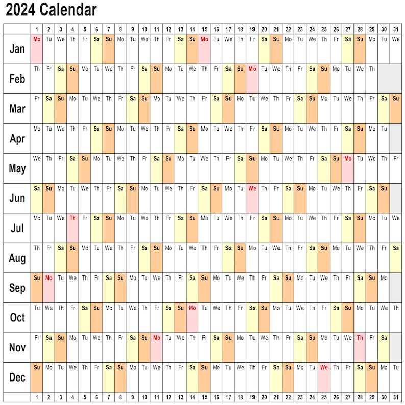 2024 Calendar Lanscape 2 Pages Printable Linear Excel Etsy