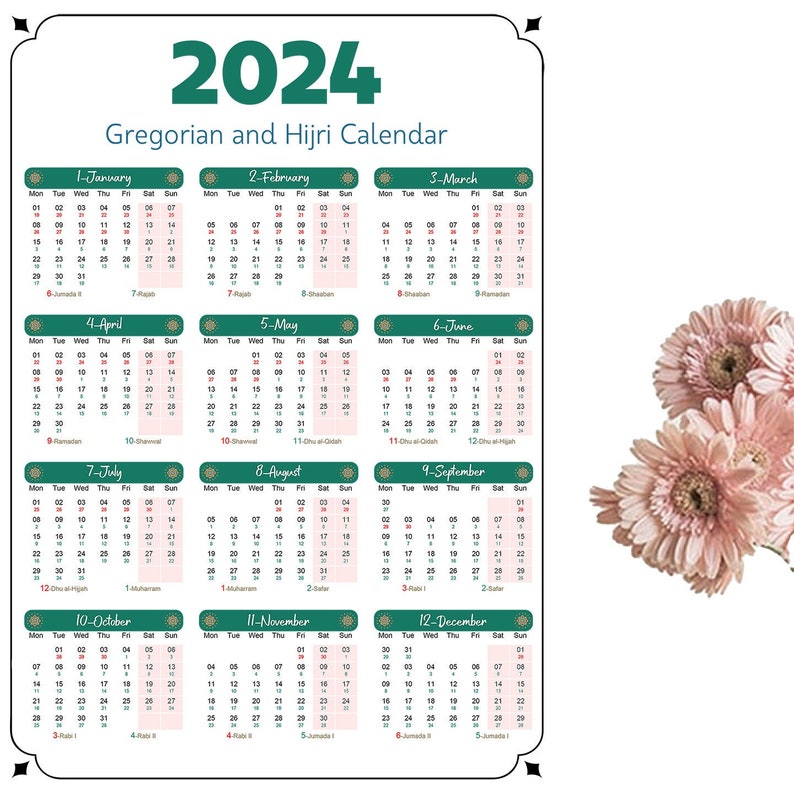 2024 Gregorian and Hijri Calendar Etsy Ireland