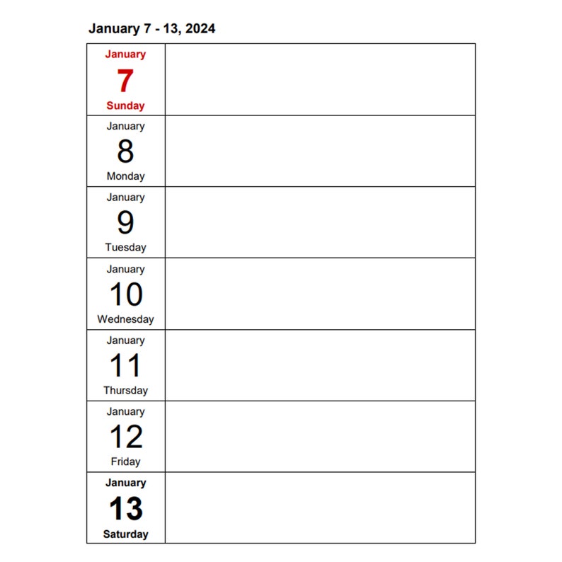 Weekly Calendar 2024 Portrait Days Vertically