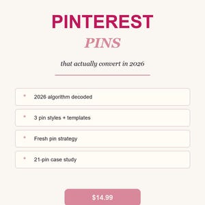 Può includere: Una guida digitale intitolata RENKTIME THE 2026 GUIDE PINTEREST PINS that actually convert in 2026. Il documento elenca 2026 algorithm decoded, 3 pin styles plus templates, fresh pin strategy e 21-pin case study. Include un pulsante da $14.99.