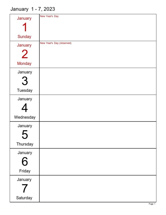 Weekly Calendar 2023 Portrait Days Vertically - Etsy