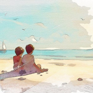 Children Playing on the Beach Wall Art - 3 Kids sitting on the beach with blue and tan colors