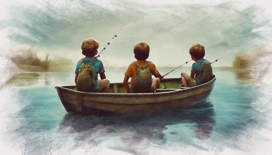 Fishing Buddies - 3 Kids in a Boat - Kids Fishing - Trout - Etsy