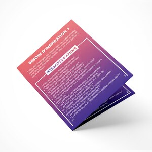 May include: A folded card with a gradient of pink to purple. The card features French text, including "BESOIN D'INSPIRATION?" and "MESSAGES D'AMOUR." The card is designed to inspire personalized messages.