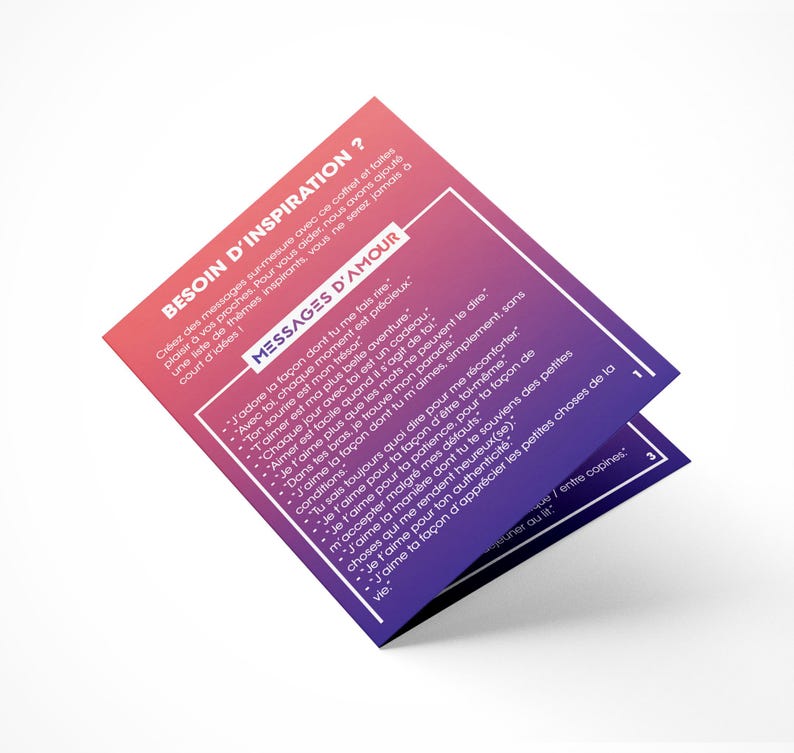 May include: A folded card with a gradient of pink to purple. The card features French text, including "BESOIN D'INSPIRATION?" and "MESSAGES D'AMOUR." The card is designed to inspire personalized messages.