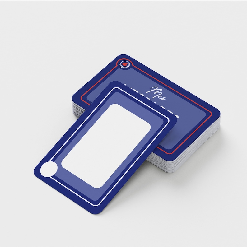 May include: A stack of blue and white cards with rounded corners. One card is slightly off the stack, revealing a white rectangle and a white circle. The cards have a red border and the word "Mes" is visible.